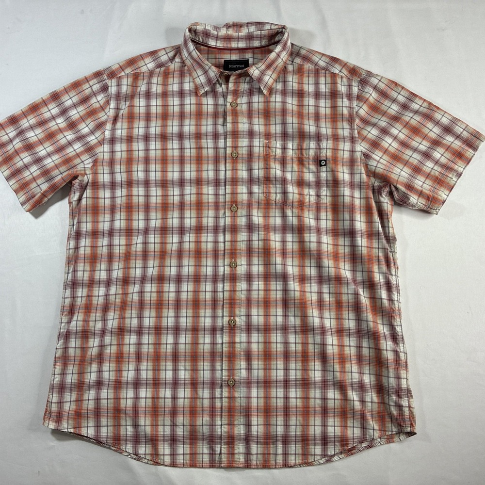 Marmot Shirt Mens XL Orange Plaid Short Sleeve Button Up Lightweight Casual
